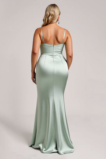 Robe de demoiselle d’honneur longue en satin grande taille vert sauge avec fente
